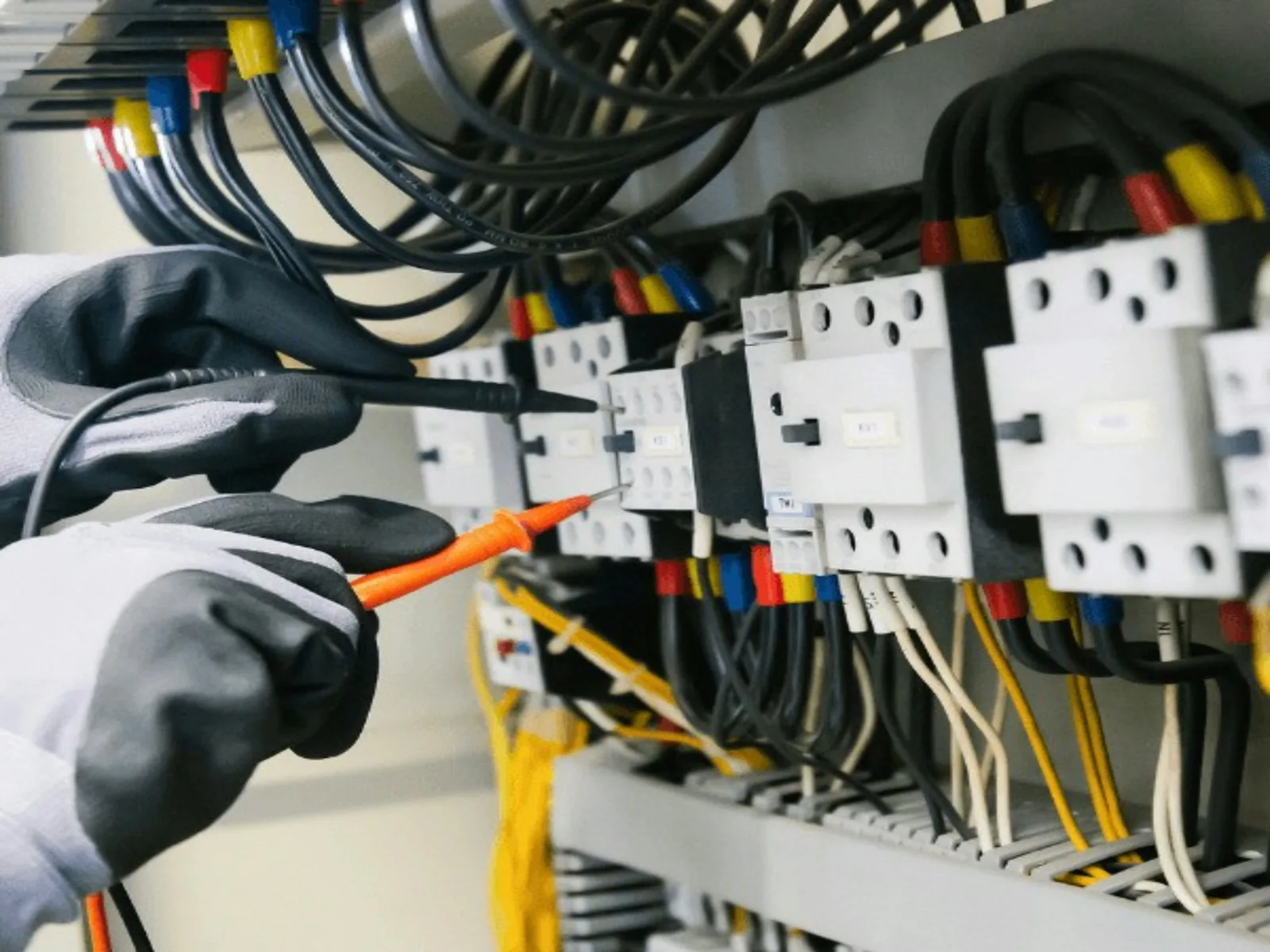 Gloved hands testing contactors in a control panel with a multimeter